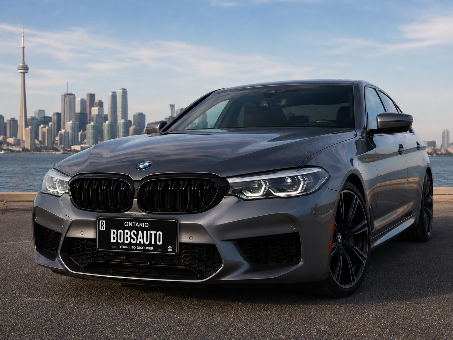 Sleek BMW with RPLATE digital license plate showing BOBSAUTO — by the waterfront